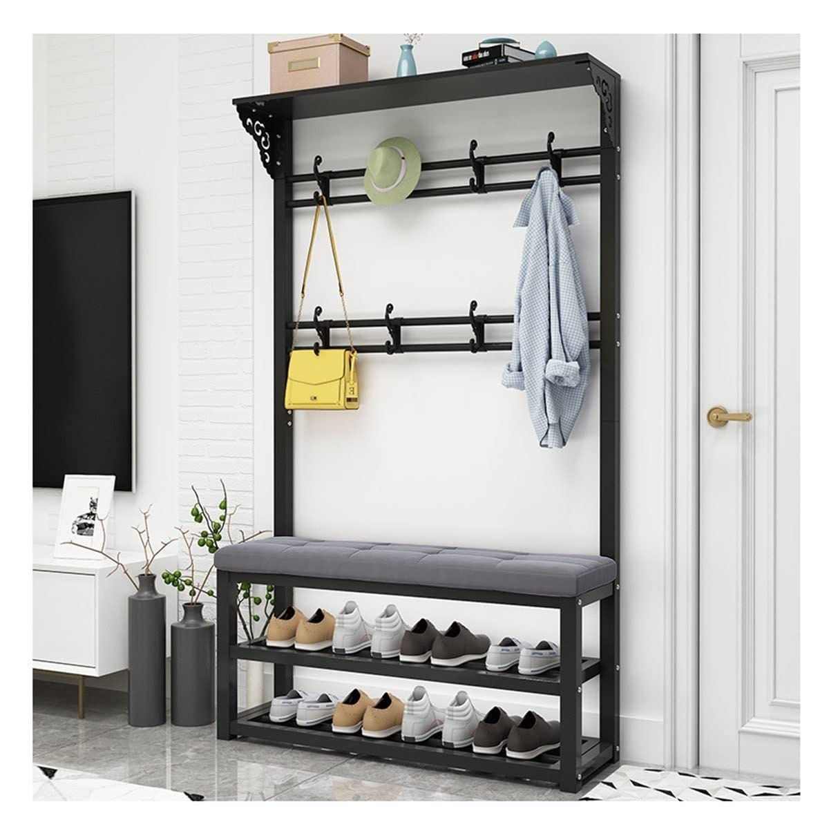 Porte-manteau multifonctionnel avec meuble de rangement et étagères
