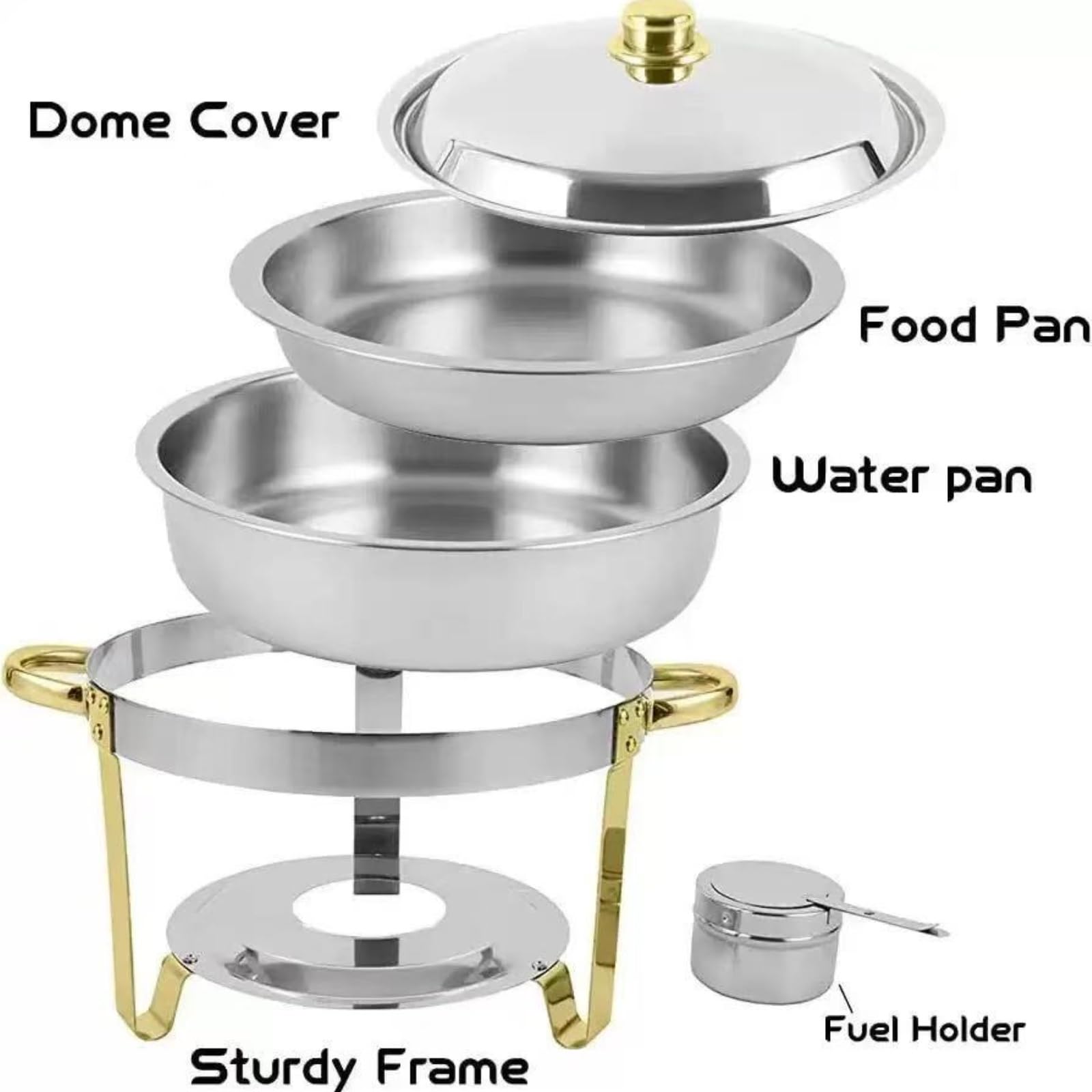 scaldavivande Chafing Dishes for Buffet 4 Pack Food Warmers for Parties Buffet Stainless Steel Round Chafing Dish Set Cucina(Stainless Steel Lid,6L)