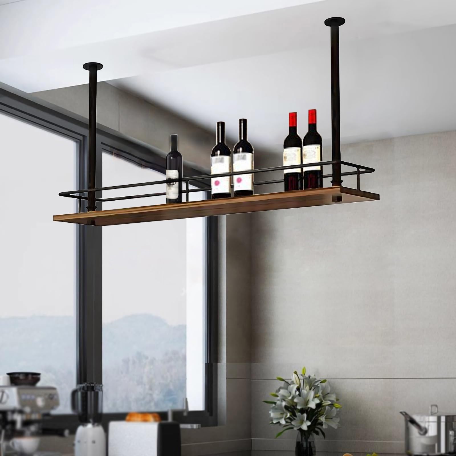 Dekorative Wohnaccessoires, Möbel, Hängeregale, Schwerlast-deckenregal, Hängendes Weinregal, Deckenregal Für Küche, Bar Oder Café, Organizer Für Weinflaschen, Pflanzen Black 100x25x50cm