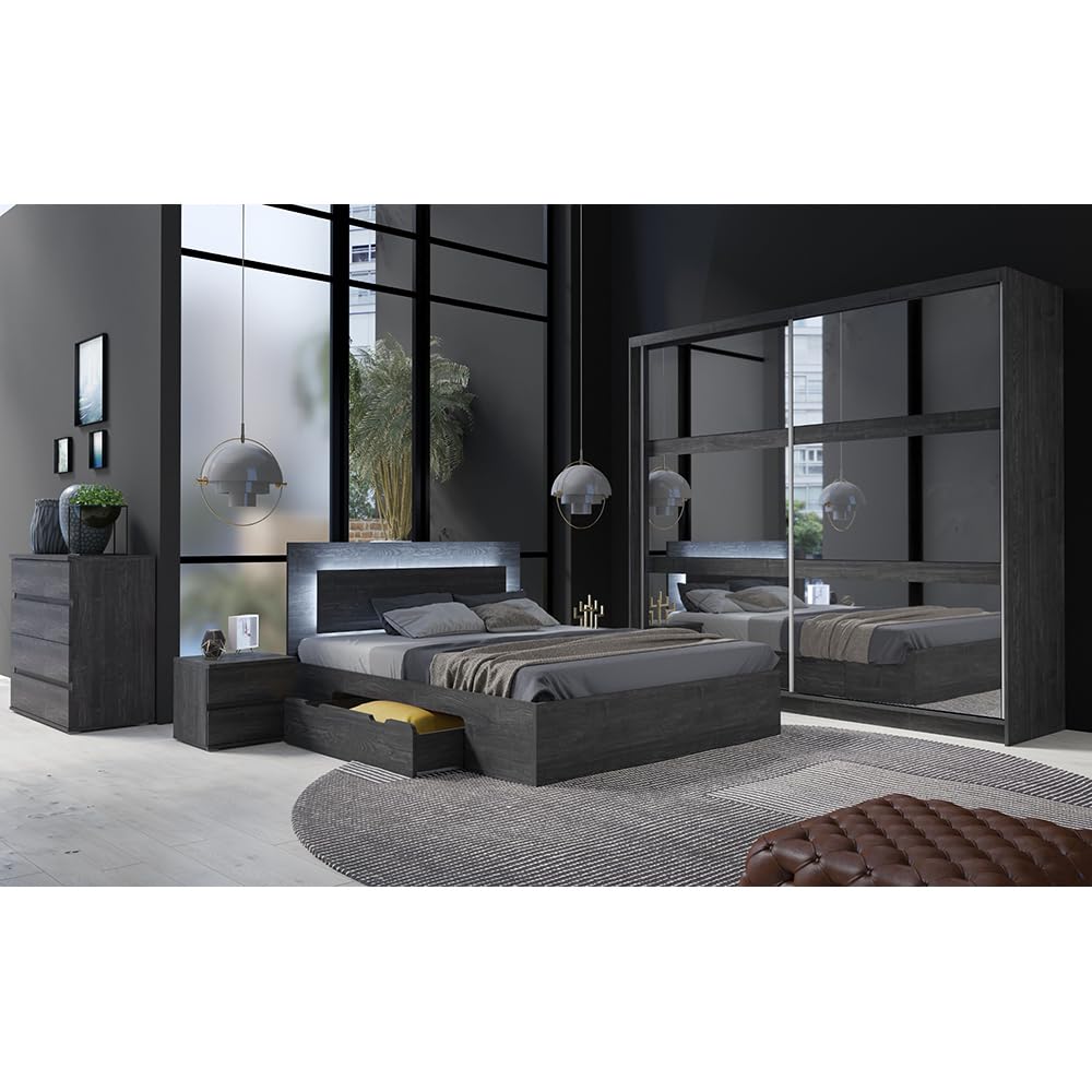 Lomadox Schlafzimmer Set 5-teilig mit Bettgestell 160x200cm, Schwebetürenschrank, Kommode, 2 Nachttische in braun Portland Esche schwarz Nb.