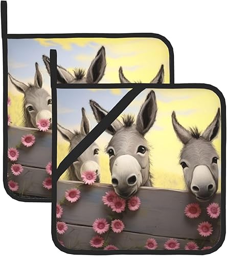 Juego de 2 soportes para ollas con estampado de burro y flores, resistentes al calor, antideslizantes, impermeables, con lazo para microondas,