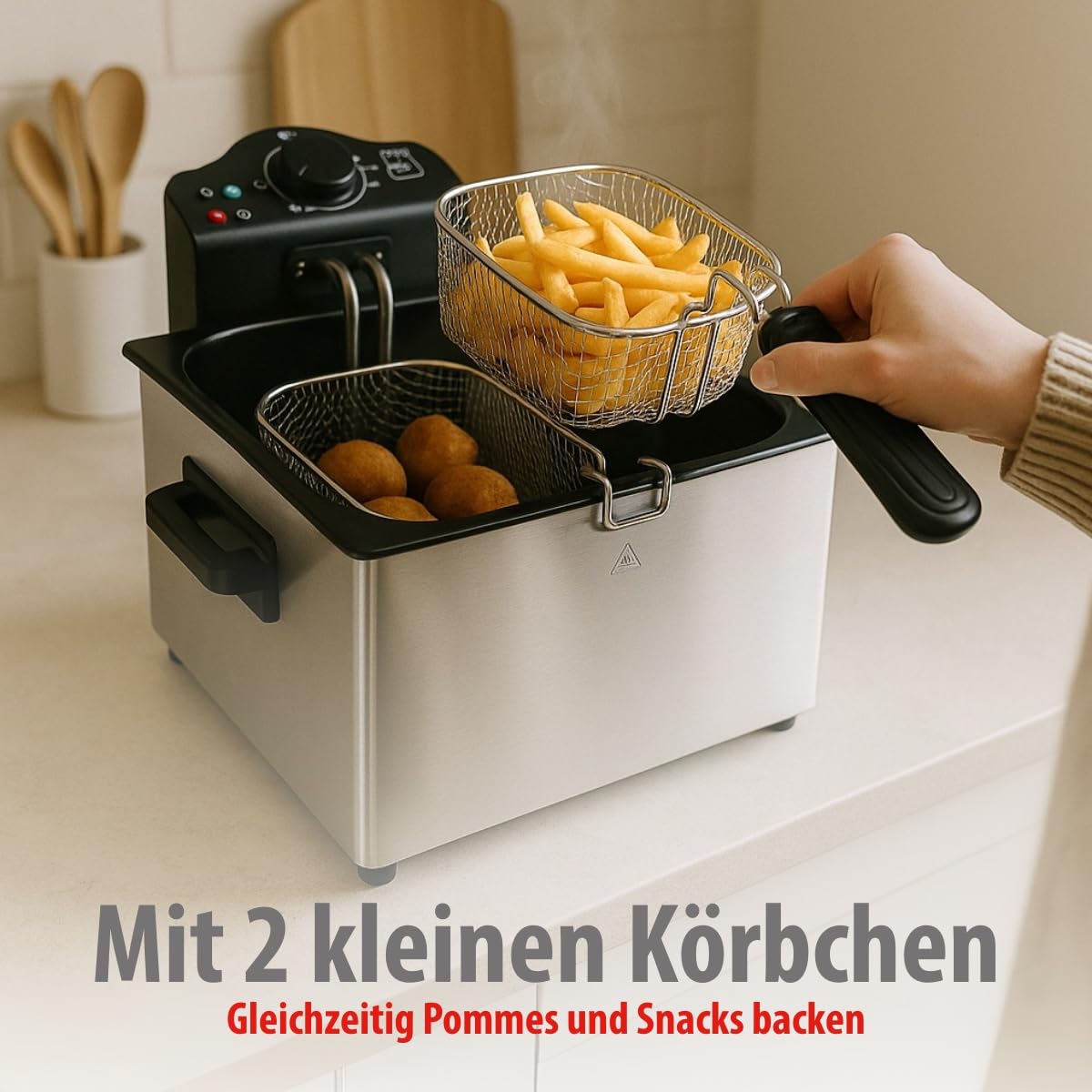 alpina Friteuse 5L - Doppel Fritteuse mit verstellbarem Thermostat - Fritöse mit Öl und 3 herausnehmbaren Körben - Deep Fryer 2000 W - 27,5 x 21,5 x 30,5 cm - Edelstahl, Silber