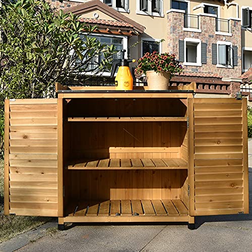 Metalowa ławka ogrodowa z miejscem do przechowywania i haczykami, rama z drewna jodłowego, odporna na deszcz i słońce, idealna na patio, balkon, wejście, trwałe meble ogrodowe