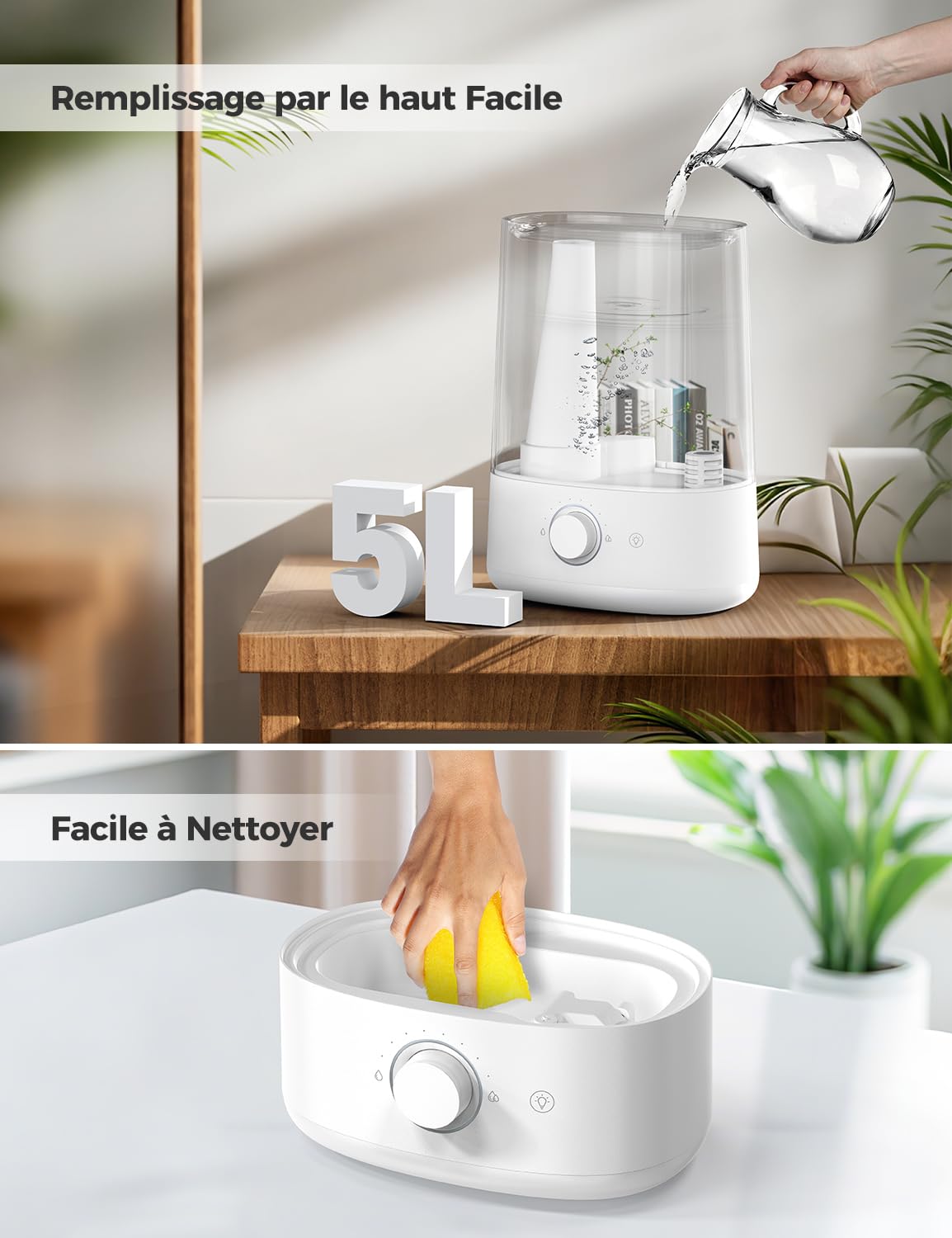 AROEVE Humidificateur d'air 5L à Remplissage par le Dessus,à Brumisateur Ultrasonique avec Diffuseur d'Huile Essentielle, Buse 360°, Veilleuse 28dB, Autonomie 50H, pour Chambre de Bébé, Plantes