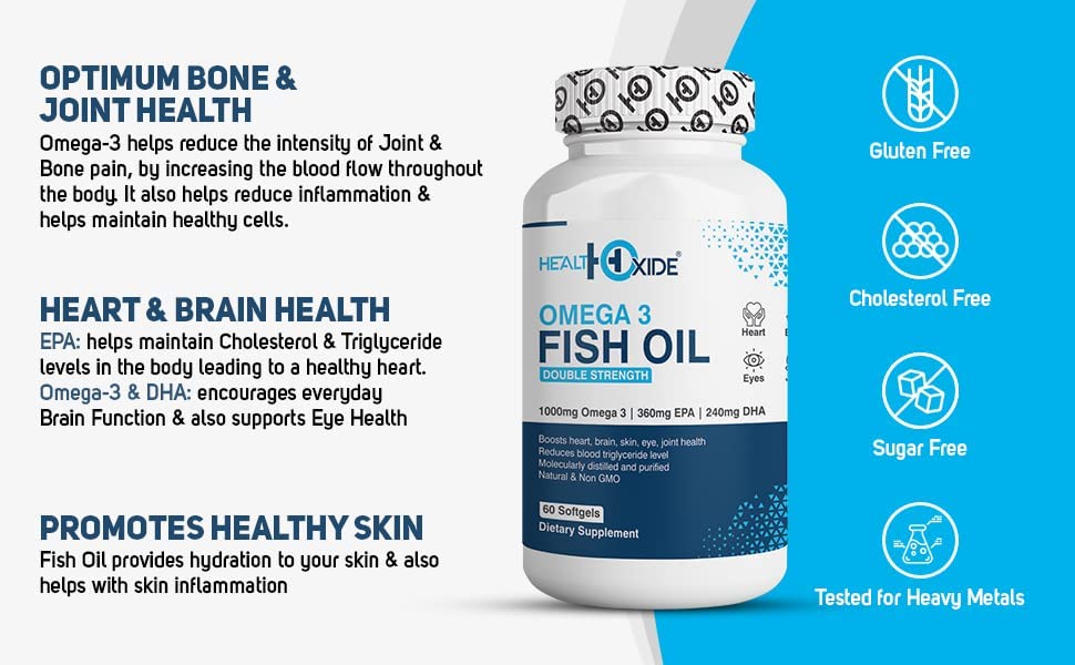 Image of HealthOxide Omega-3 Fish Oil 1000mg with 360mg EPA & 240mg DHA | Double Strength Burpless Omega 3 Softgels for Heart Brain Eye & Joint Support | Mercury Free Keto Friendly Fish Oil | 60 Capsules