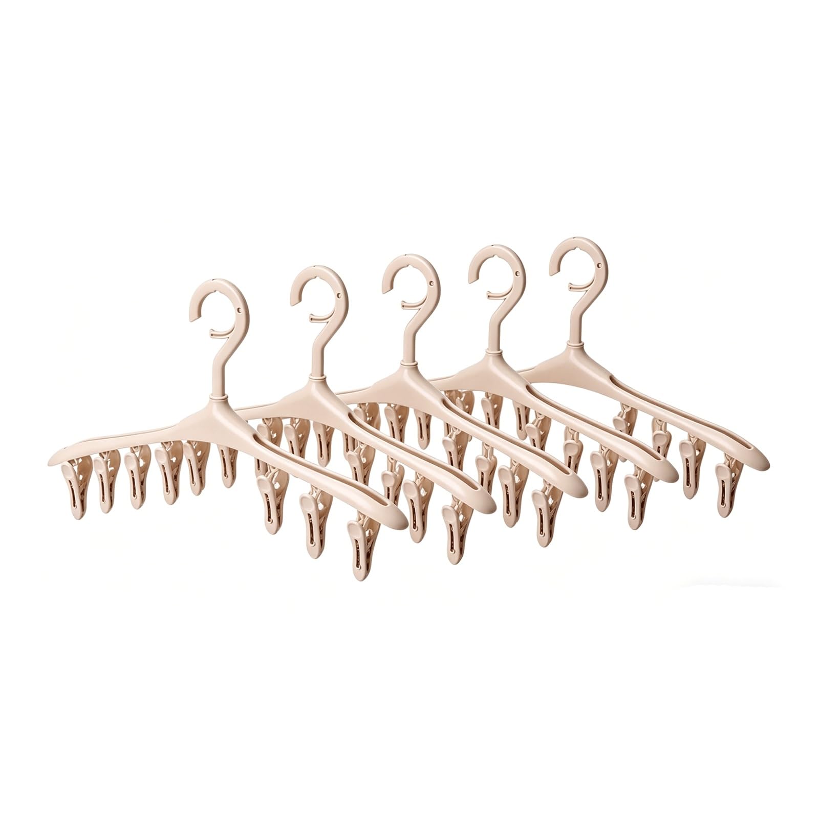 5 Pack PP Clothes Hangers with 12 Clips,Windproof Laundry Hanger for Socks,Underwear and Baby Clothes,Non-Slip Space Saving Sock Hanger(Beige)