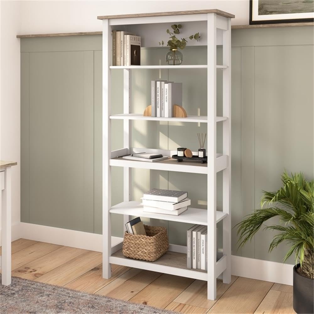 Bush Home Tall 5 Shelf Bookcase, Large Bookshelf for Living Room or Home Office, Mayfield Collection, Pure White and Shiplap Gray