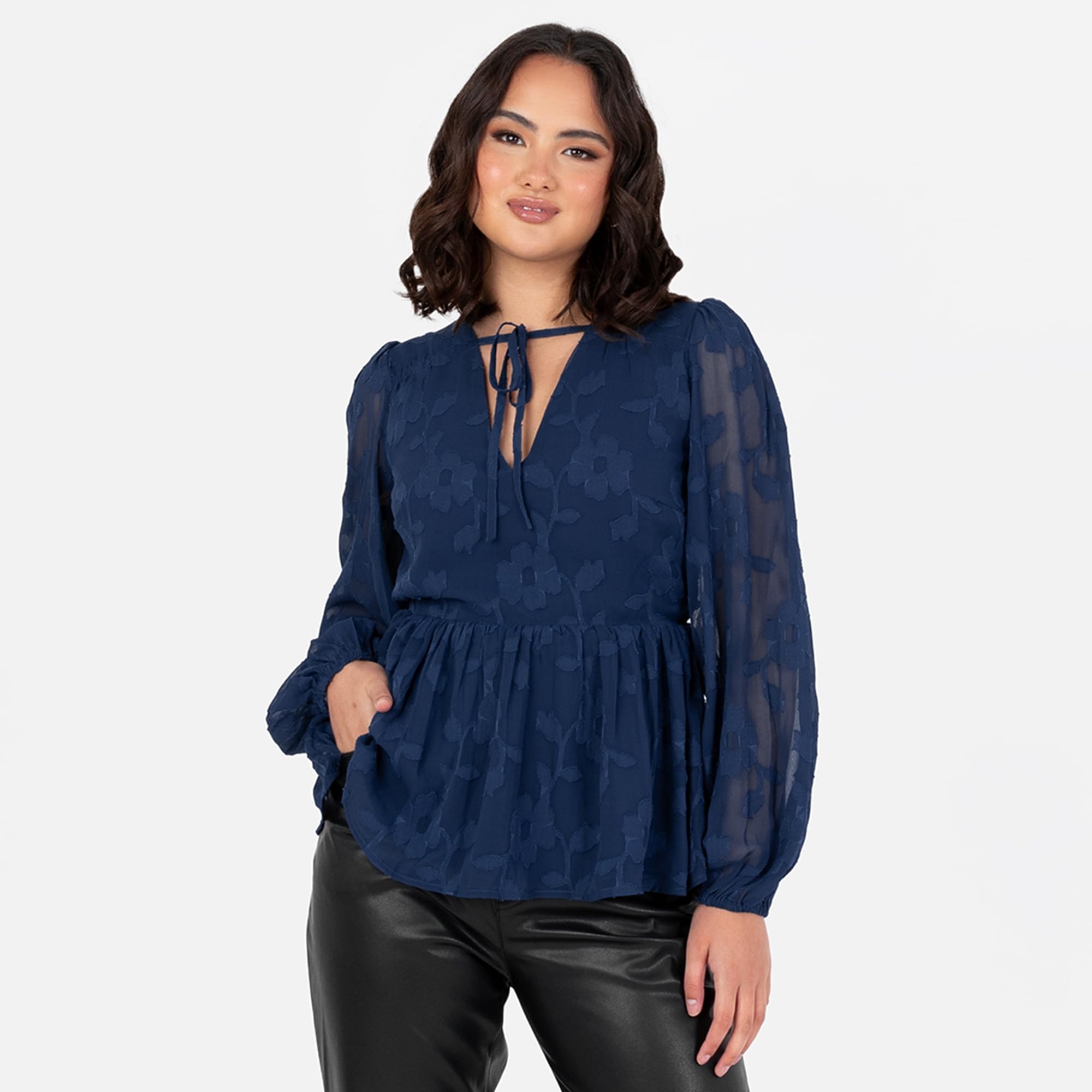Lovedrobe Women's Floral Top Ladies Blouse Long Balloon Sleeve V-Neckline Peplum Chiffon Tie Front Smart Casual Office Wear Blouse Femme (Lot de 1)