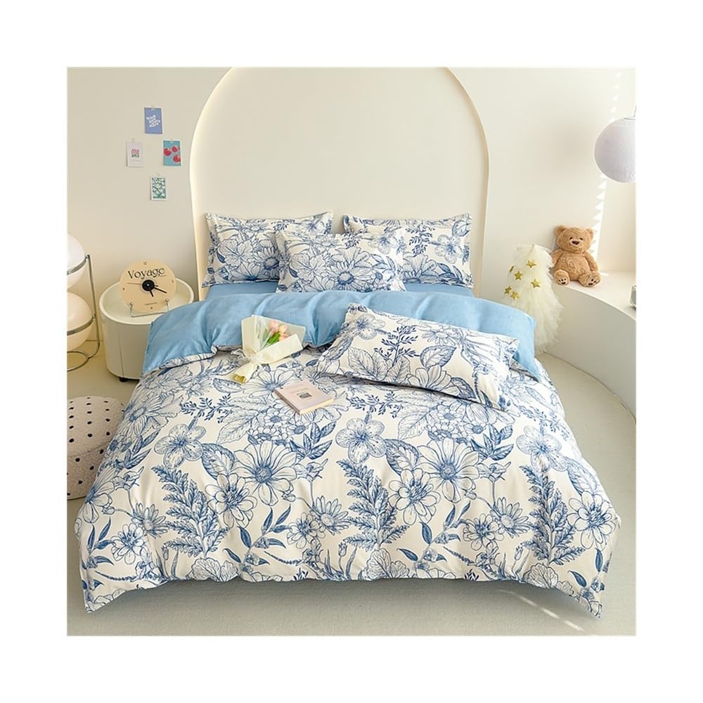 VHKJewE Fresh Floral Duvet Cover Set White Blue Flower Comforter 3Pcs Soft Thickened Pastoral Garden Bedding(220x240cm)