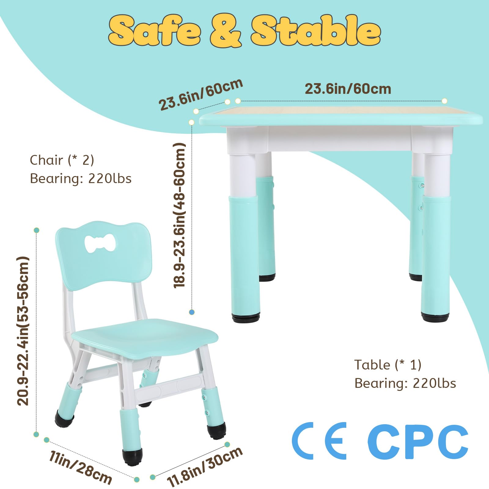 FUNLIO Tavolino con 2 Sedie per Bambini, Tavolino e Sedie per Bambini Regolabili in Altezza per Età 3-8 Anni, Tavolo Bambini per Arti Facile da Pulire, Approvato CPC e CE (3 pezzi) - verde