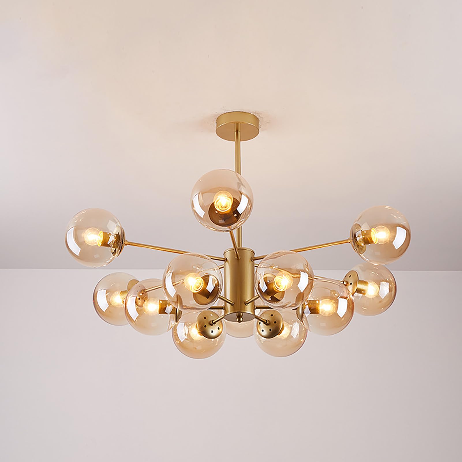 ksxnkhk Mid Century Modern Chandelier, Glass Linear Pendant Light Dimmable Light Fixture, Decorative Globe Ceiling Light for Dining Room, Bedroom, Kitchen, Easy Installation(12 Heads, Gold + Brown)