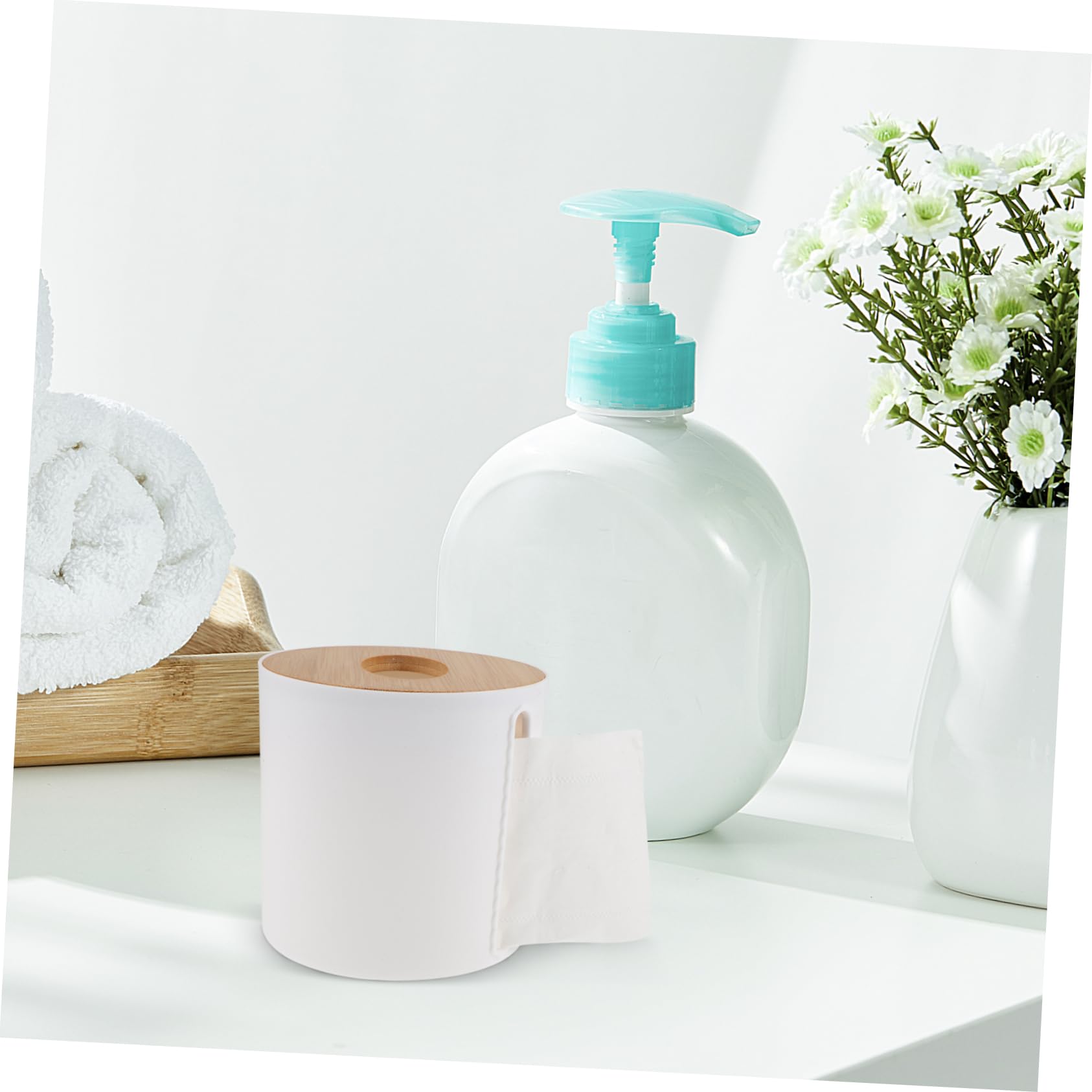 Zerodeko 2 pezzi Dispenser Rotolo Igienica con Bamboo e Contenitore Rotondo per Cucina e Bagno Portarotolo da Stabile per Organizzazione Casa e Ufficio Bianco