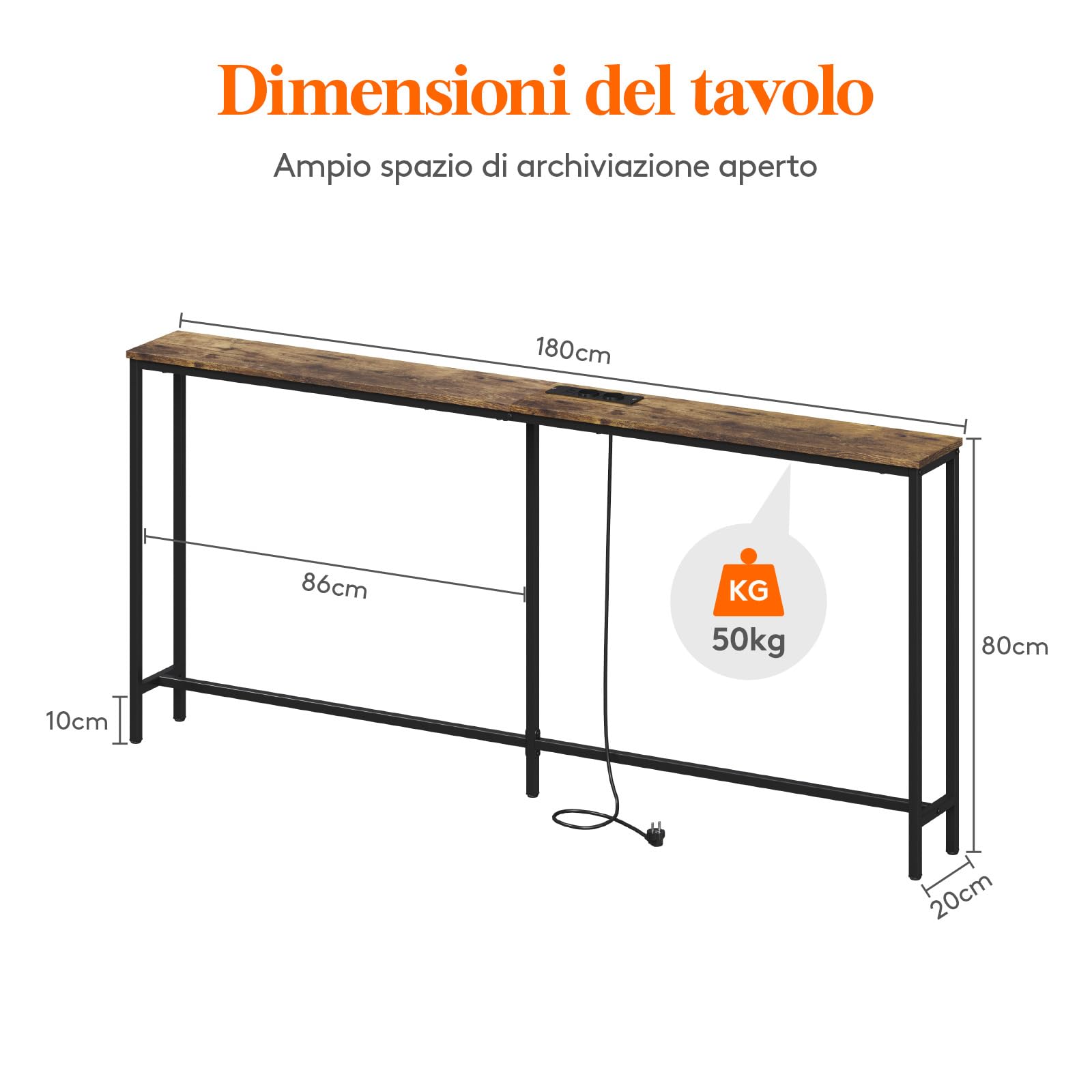 Lifewit Consolle Stretta 180cm con 2 Prese e Porta USB per il Soggiorno, Tavolo da Ingresso Industriale, Ingresso del Corridoio, Corridoio Dell'ufficio, Dietro il Divano, 180x20x80cm, Marrone Rustico