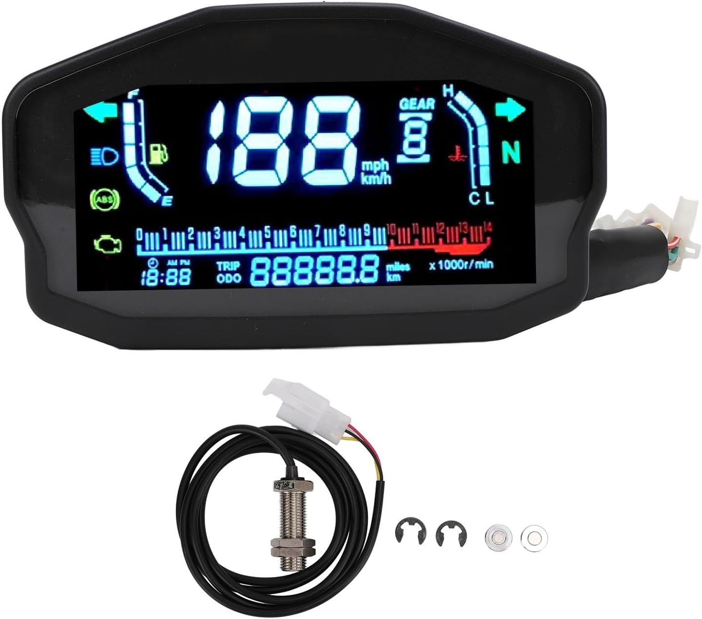 Motorcycle Digital Dash Panel, Motorcycle Speedometer RPM Gauge Accurate Odometer Easy to Read Easy to Install for 1 2 4 Cylinders Motorbike (with Sensors)