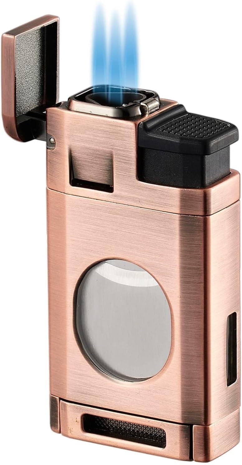 Windproof Adjustable Flame Lighter, Triple Flame Refillable Gas Lighter, Butane Windproof Lighter with Built-in Cutter, Candle, Travel, Camping(Gold)