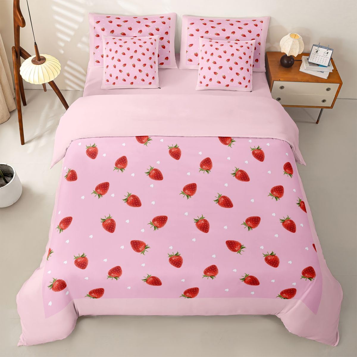 Loussiesd Juego de funda de edredón de 7 piezas con estampado de fresas kawaii, tamaño doble, juego de ropa de cama completo con funda de edredón, sábanas, fundas de almohada y fundas de cojín