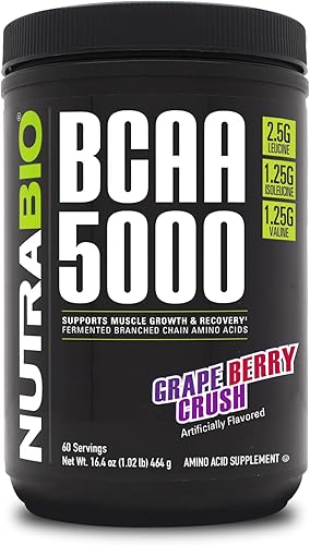 NutraBio BCAA 5000 Polvo - BCAA fermentado vegano - Apoya el crecimiento muscular magro, la recuperación, la resistencia - 60 porciones - Grape