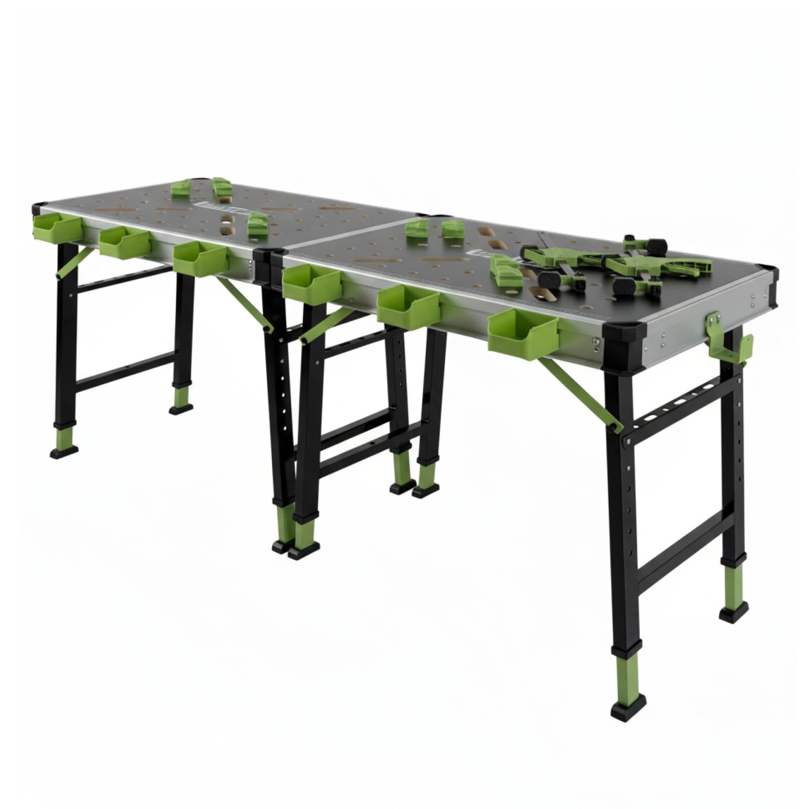 TRUTZHOLM 2 x Werkbank Multifunktionstisch Spanntisch 60 x 85 cm klappbar höhenverstellbar 73–90 cm Arbeitstisch mit Messskala, 450 Kg, 20mm Lochrastersystem, Werkzeugboxen, Schnellspannern