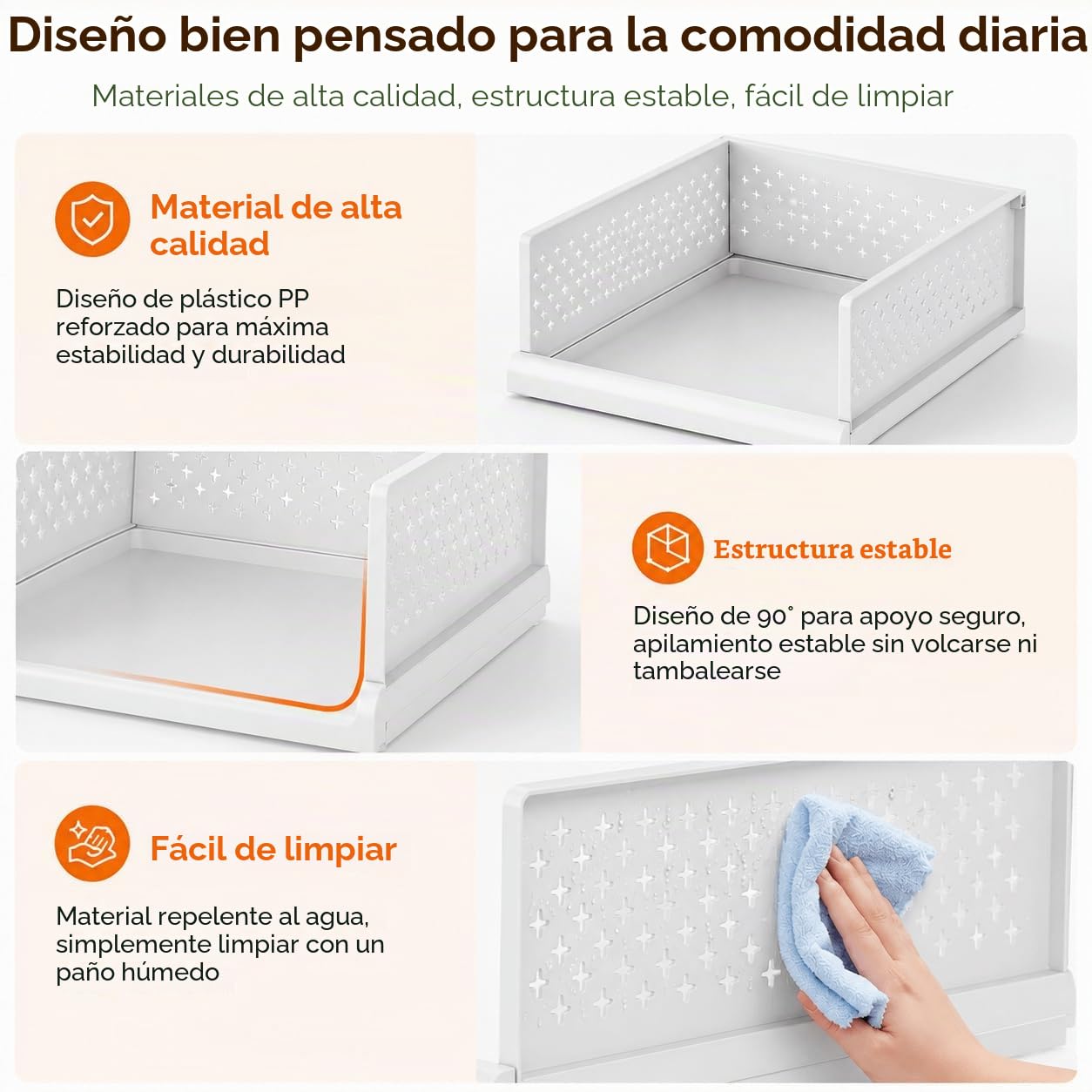 RMAN® Organizador Armario Plegable, 4 Unidades, Blanco | Almacenaje Ropa, Cajones Apilables de Plástico, Sistema Extraíble de Guías Deslizantes Independientes, Para Dormitorio, Baño