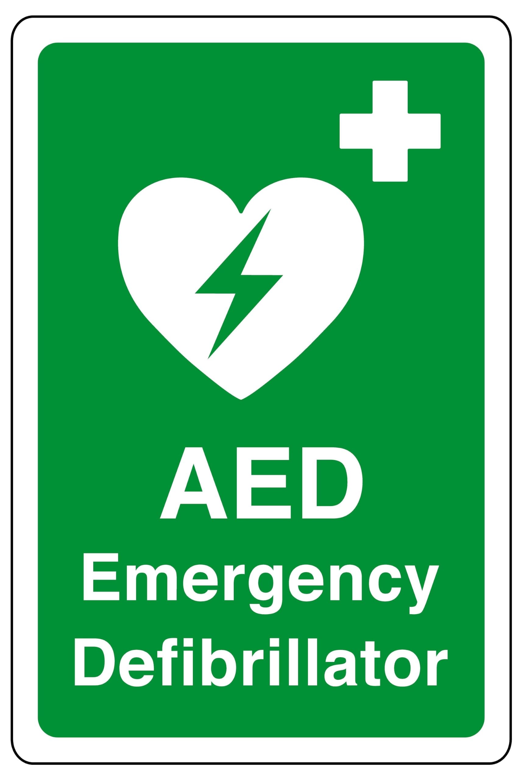 AED Emergency Defibrillator - AED safety sign - High tack self-adhesive sticker (300mm x 200mm) Viewing Distance within 7m.