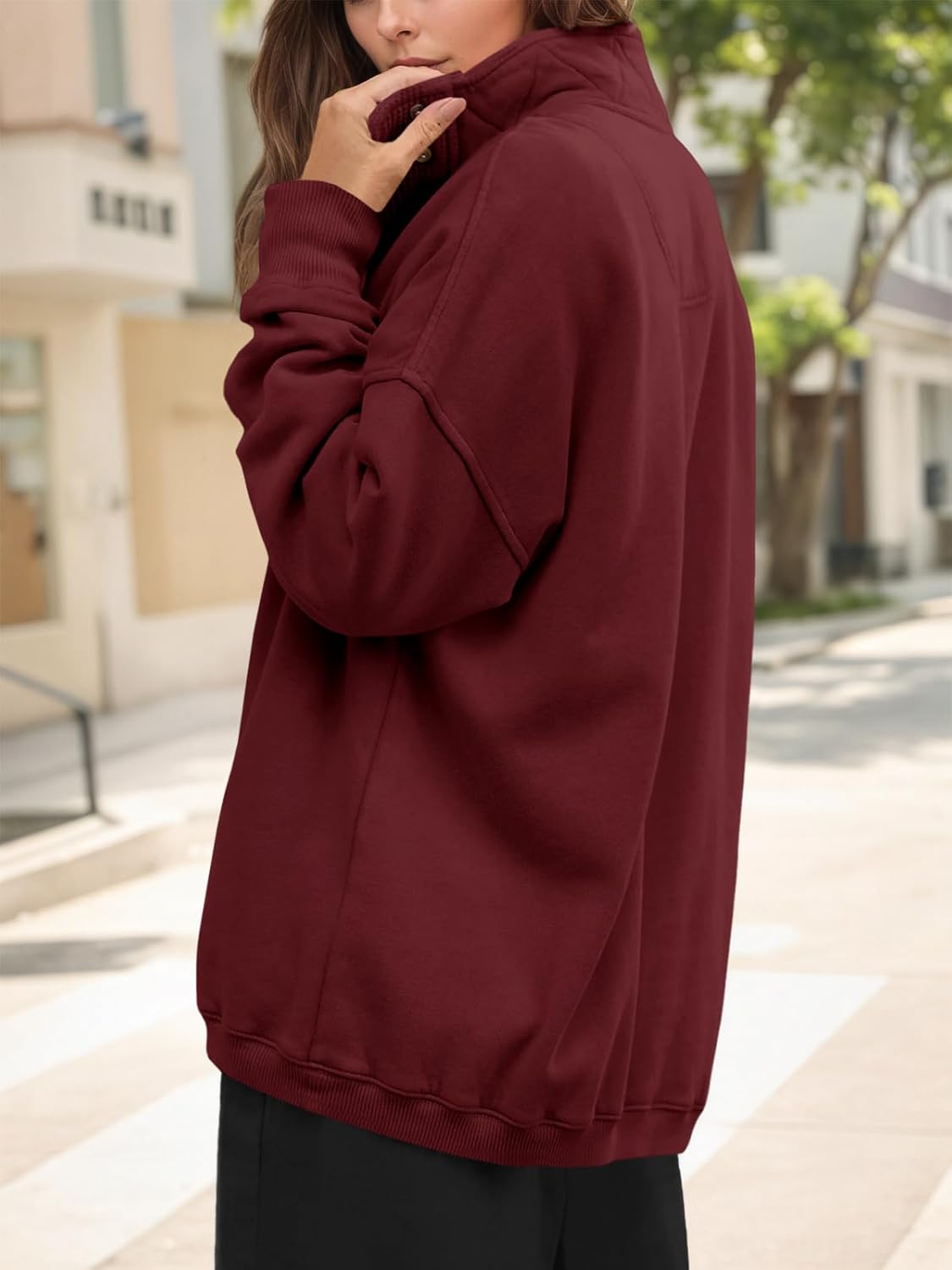 Fisoew Womens Oversized Sweatshirt Casual Snap Stand Collar Long Sleeve Pullover Tops Fall Travel Outfits - Image 3