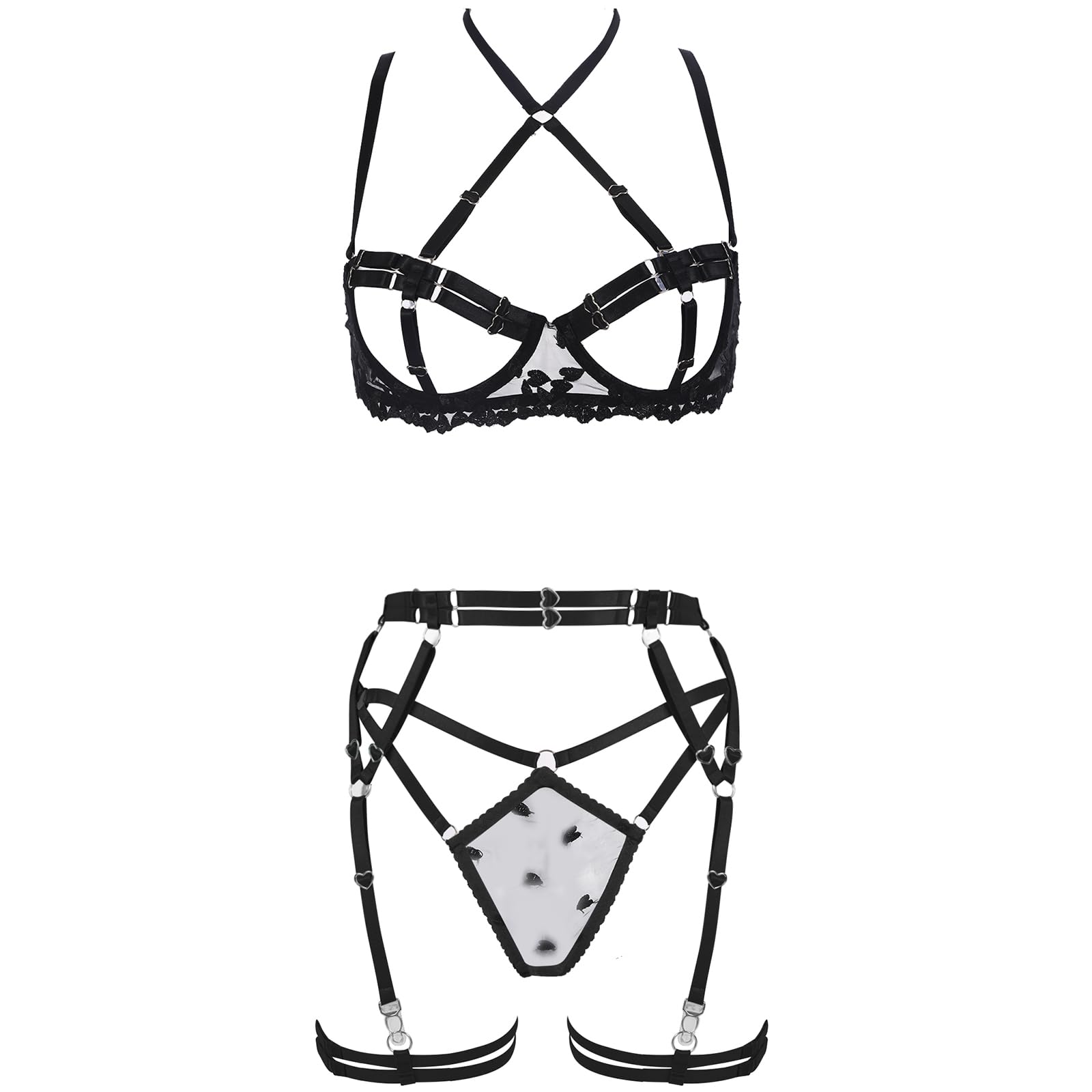 Yanziyan Women's Black Strappy 4-Piece Lingerie Set Punk Body Harness Garter Belts Gothic Festival Wear Bras, Xl