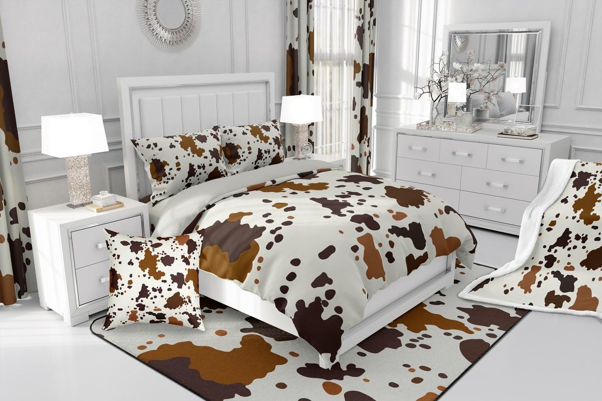 jejeloiu Cow Print Kids Duvet Cover 100% Cotton Queen Size Brown White Rugs for Living Room Cartoon Milk Cow Bedspread Cover Cute Animal Comforter Cover Set