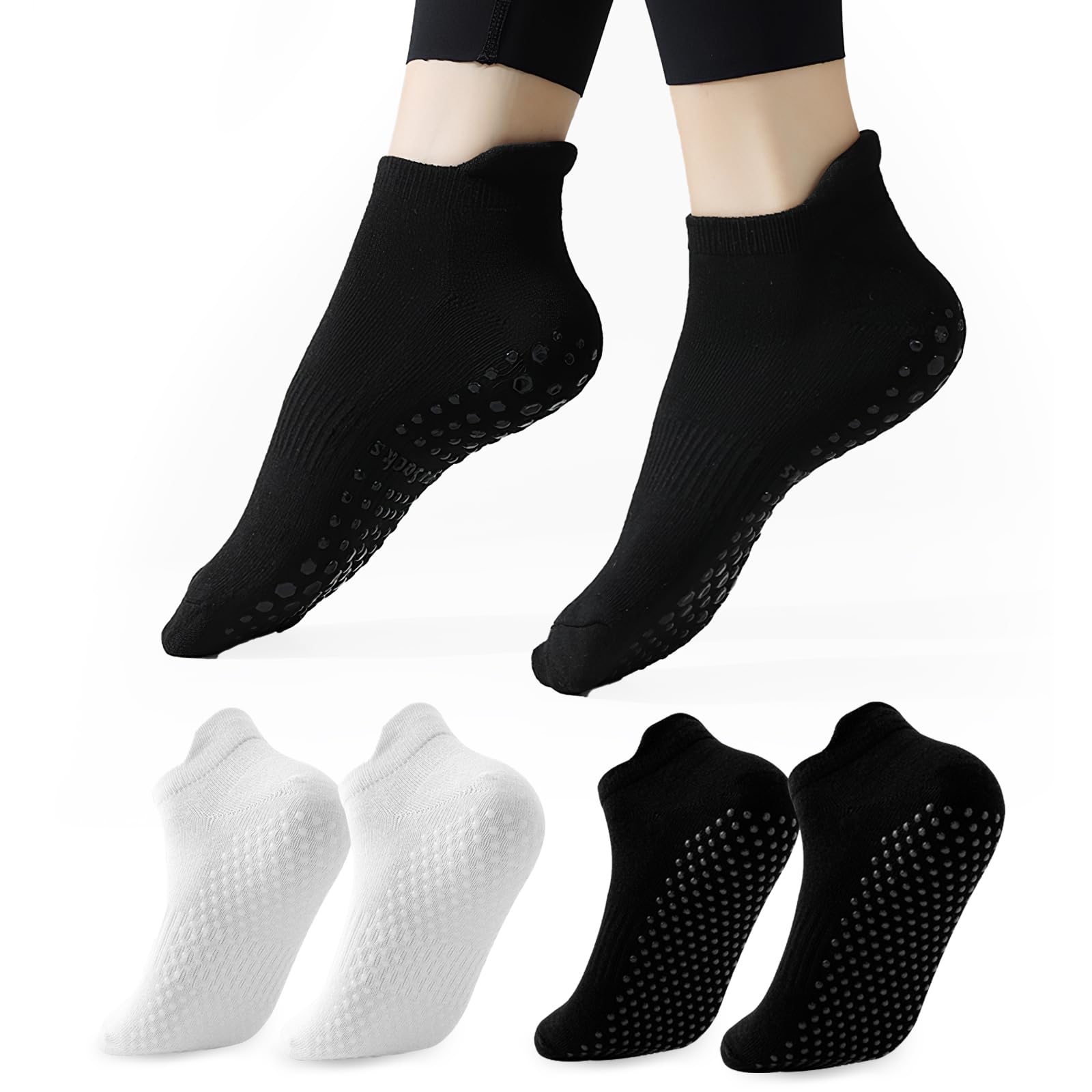 TecoKart® 2Pairs Socks for Women Ankle Length, Cotton Anti Skid Socks with Grips, Women Socks for Yoga, Pilates, Gym, Hospital Use (Black and White)