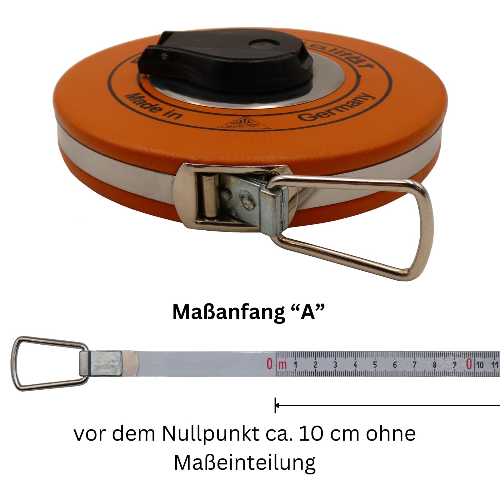 Mètre ruban en acier 50 m - Division duplex en millimètres - Largeur : 13 mm - Bande en acier laqué blanc dans une capsule plate robuste - Début A (10 cm d'avant) - Avec mètre pliant DEWEPRO
