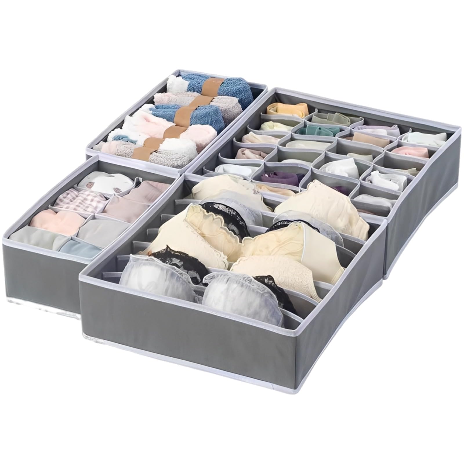 Lot de 4 organiseurs de tiroir, organiseur de chaussettes en tissu non tissé pour tiroir, organiseur pour tiroir à sous-vêtements, organiseurs de placard pliables, avec compartiments, gris