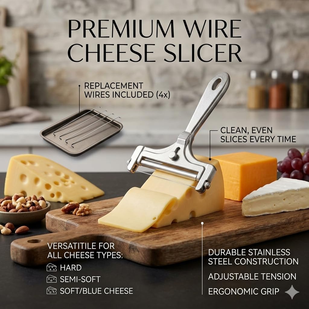 Cheese Cutter, Stainless Steel Adjustable Cheese Slicer with 4 Extra Wires, Handheld Butter Block Slicer for Cheddar, Gruyere, Mozzarella, Kitchen Slicing Tool