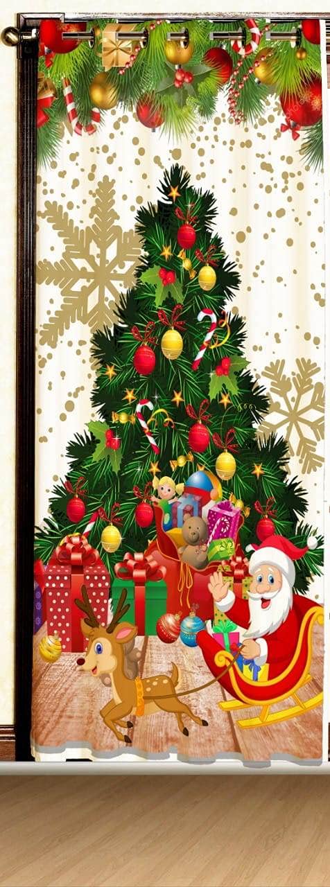Blenzza Deco™ Polyster 3D Digital Print Christmas Eyelet Curtains Set of 1 (Santa & Tree, Window 4 * 5 Feet)
