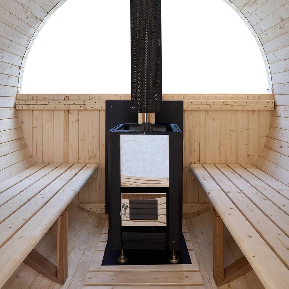 Home Deluxe Fasssauna mit Holzofen LAGOM DELUXE - Maße: ca. 210 cm x 240 cm I Fasssauna Holzofen, Fasssauna kaufen, Garten Sauna, Außensauna Holzofen, Outdoor Sauna, traditionelle Fasssauna, finnische