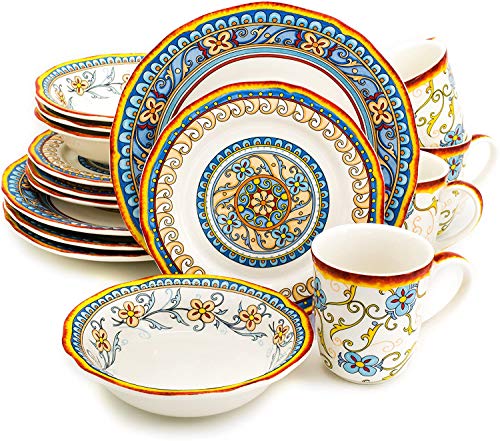 EuroCeramica Duomo Collection 16 Piece Artisan Dinnerware Set Handcrafted Italian Style Dishes, Service for 4, Floral Design, Multicolor (Single Pack)