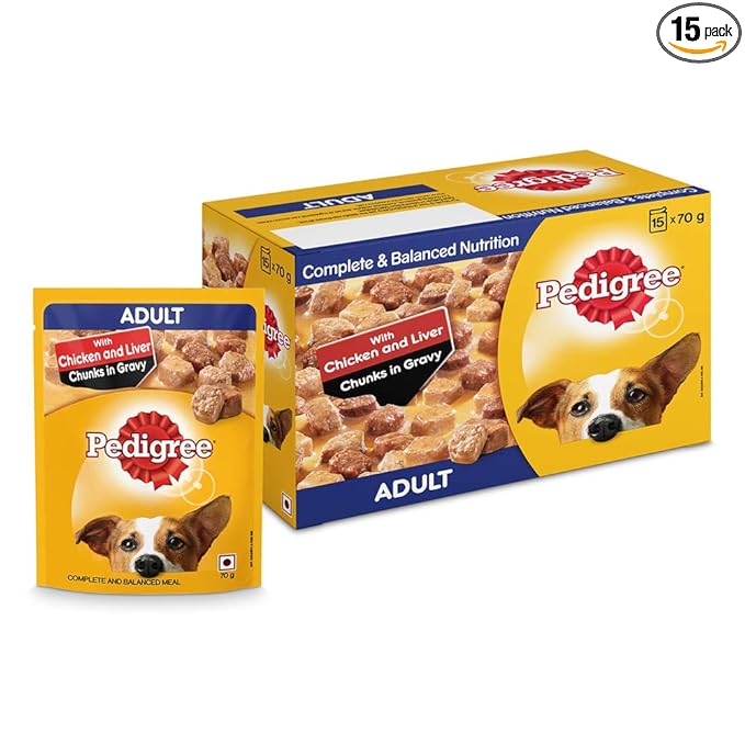 Pedigree Adult Wet Dog Food, Chicken & Liver Chunks in Gravy, 70 g (Pack of 15)