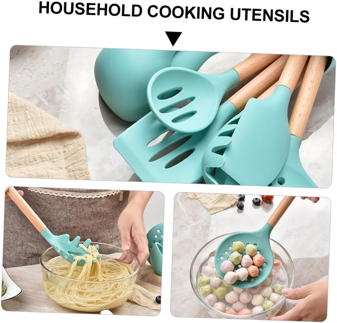Ciieeo 2sets Cyan Cooking Utensils Set Kitchen Gadgets Comfortable Handle for Non-stick Cooking and Baking Needs for