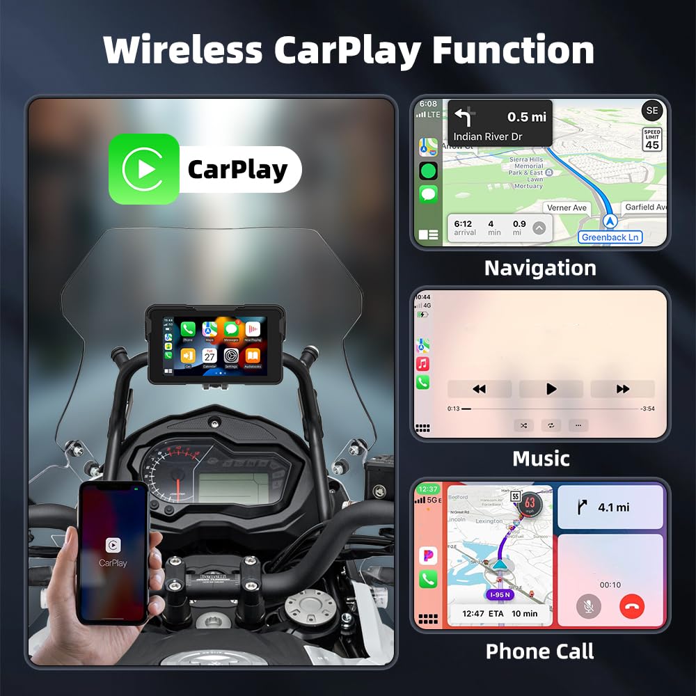 Écran CarPlay Moto pour Peugeot Blaster 2007-2010, 5 Pouces Portable Écran Tactile HD Tactile Étanche IP67, Prend en Bluetooth Trans, B-Tire Pressure Present