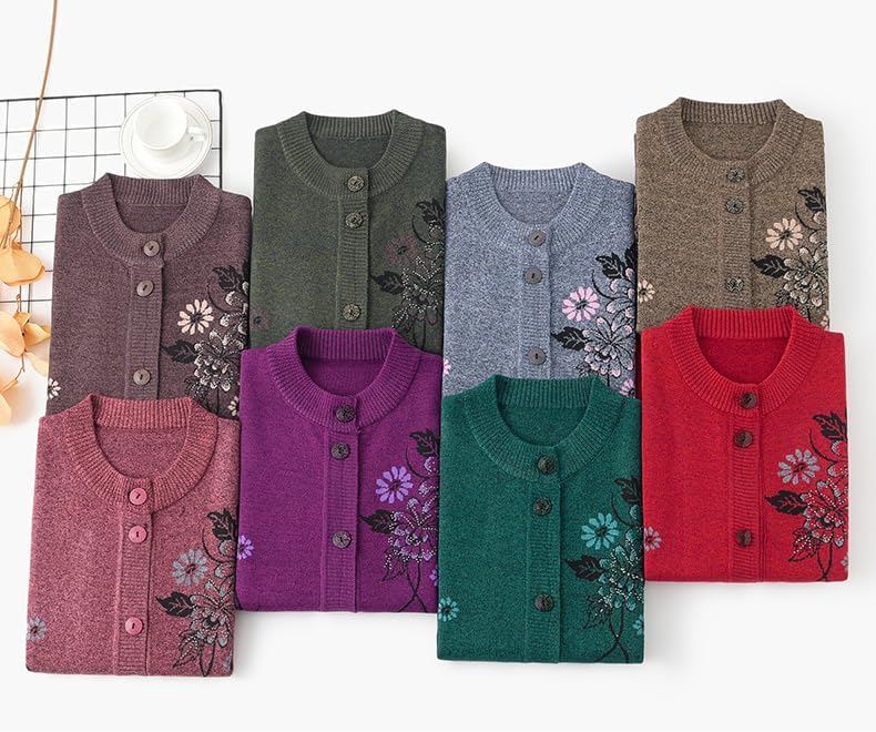 Women's Floral Print Crewneck Button Down Cardigan Sweater Vintage Knit Coat Outerwear with Pockets