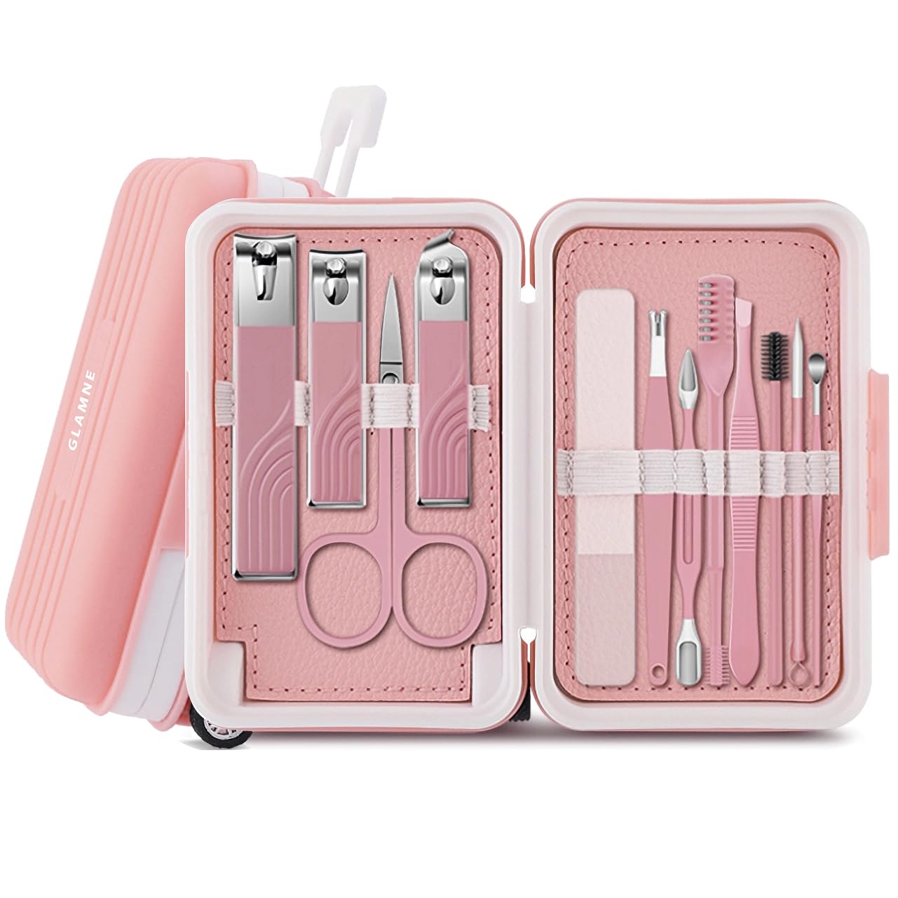 Glamne Cortaúñas para uñas gruesas con recipiente recogedor, mandíbula ancha, cortaúñas y dedos de los pies para personas mayores, con lima de uñas de cristal, tenedor de cutículas y estuche de