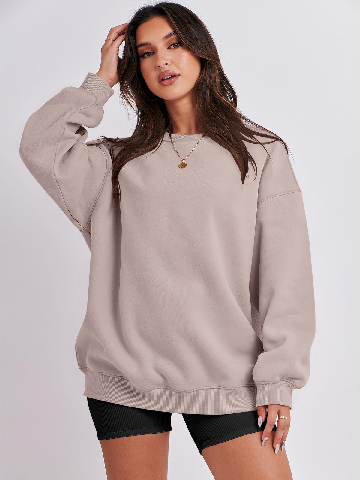 Damskie bluzy oversize bluzy z kapturem polar okrągły dekolt sweter top codzienne jesienne stroje preppy ubrania nastolatki 2024 A1019 światło, Jeden kolor, Light Khaki_XL