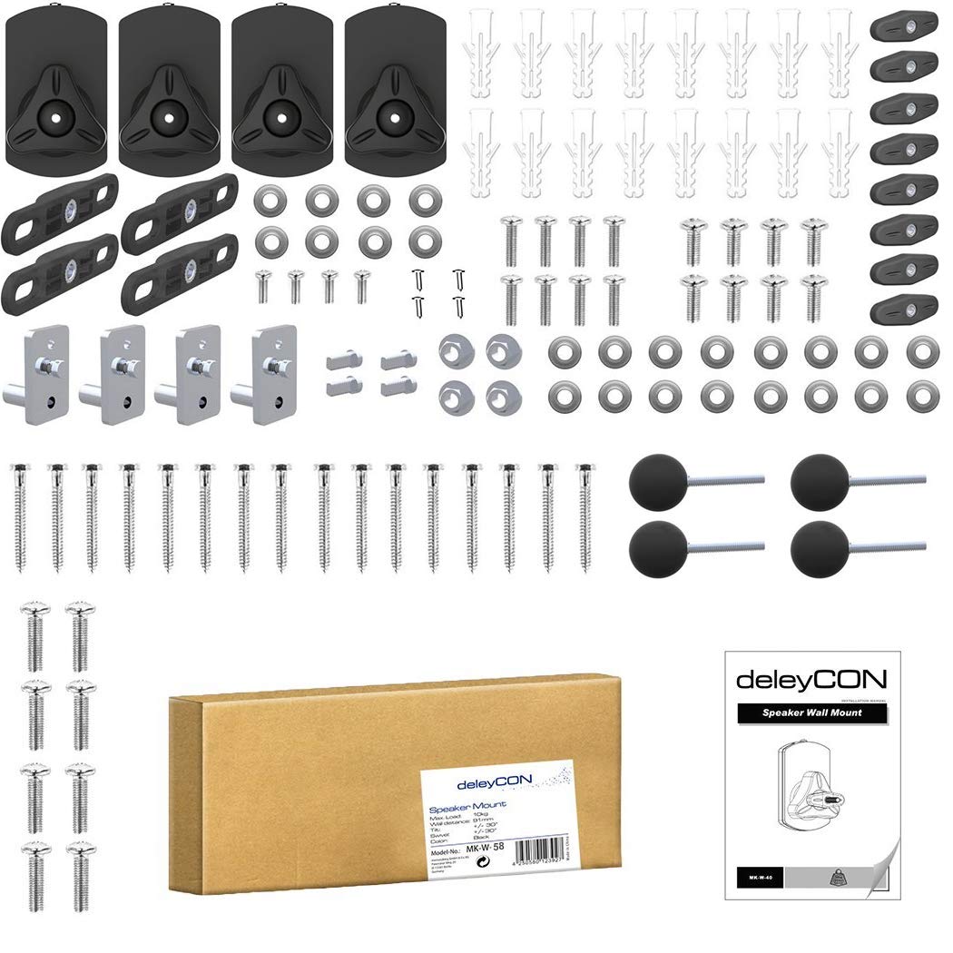 deleyCON 4X Support Mural Universel pour Enceintes Fixation de Boîtes Rotation + Inclinaison Résistant à Une Charge Maximale de 10Kg Montage Mural + Montage au Plafond - Noir