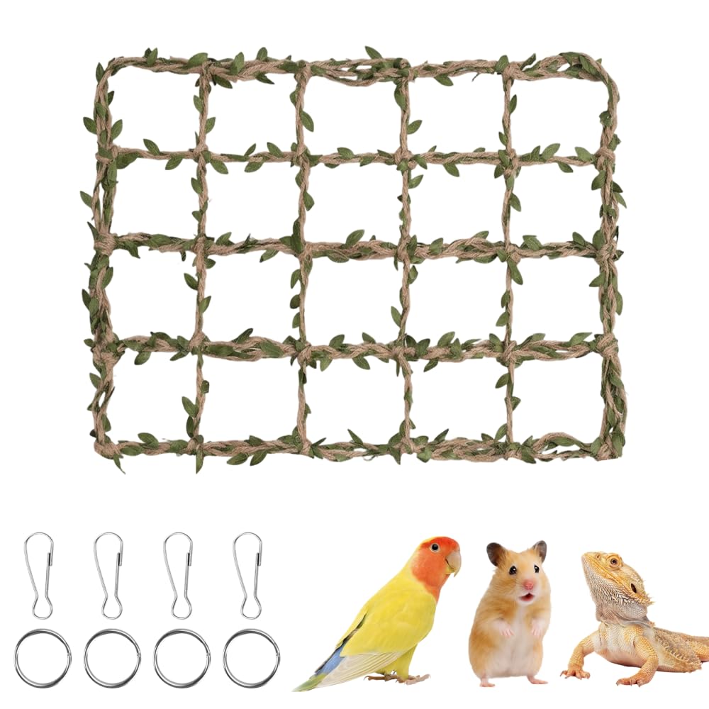 Small Animals Climbing Toys, Hanging Terrarium Net Hammock with Leaves Foldable Cage Climbing Accessories for Parrot Lizard Gecko Hamster Hermit Crab Guinea Pig