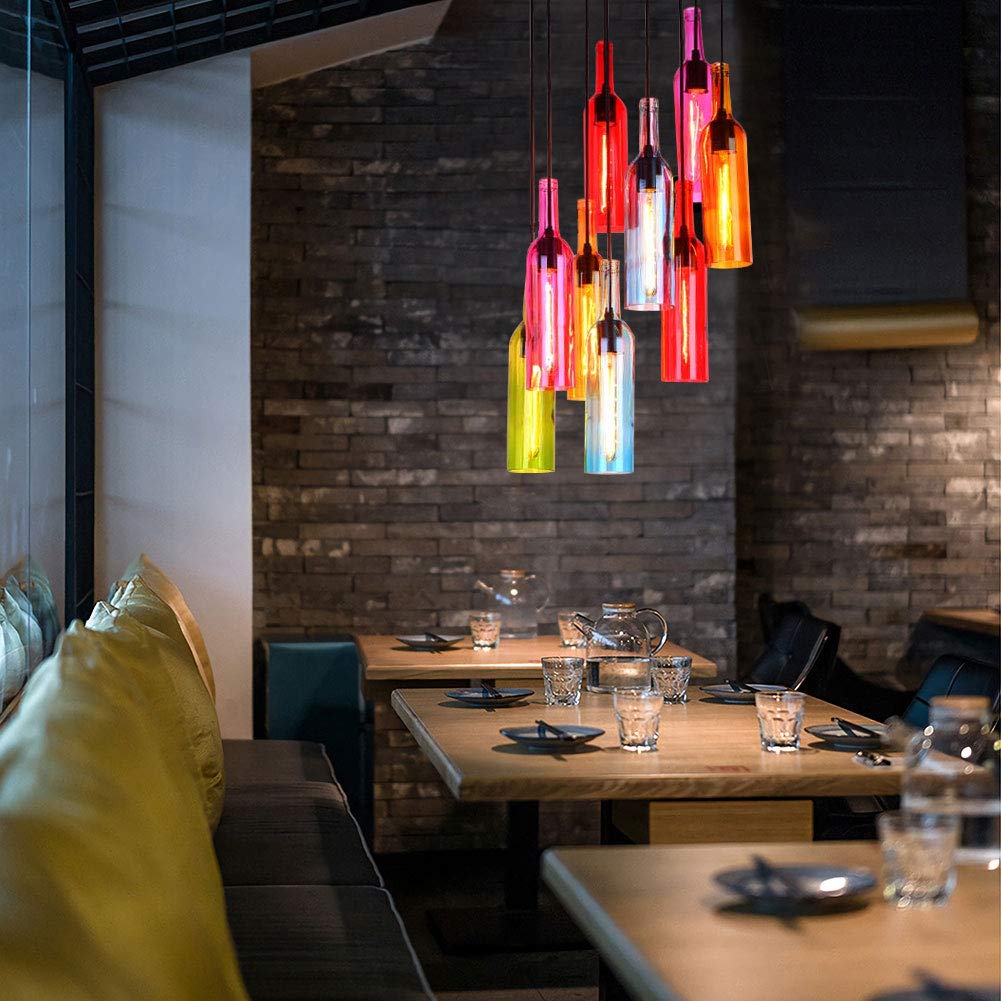 Żyrandol w szklanej butelce, 5 świateł kolorowy żyrandol w butelce wina, przemysłowy retro kreatywny szklany żyrandol sufitowy, gniazdo E27 do kawiarni, restauracji, kuchni, jadalni