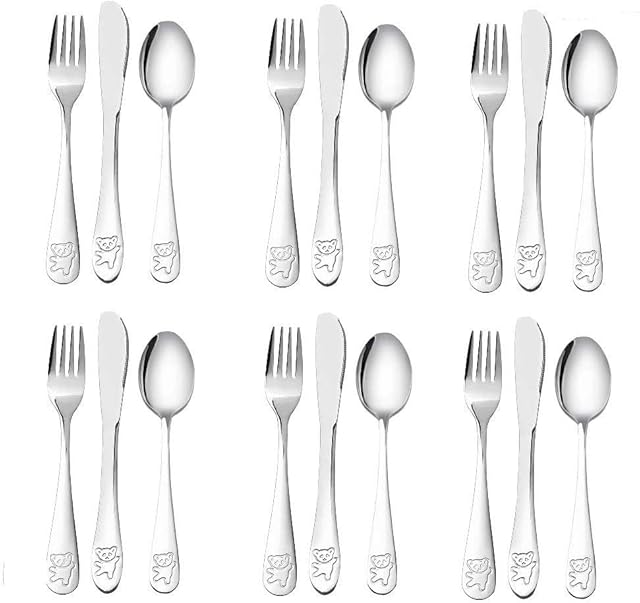 pengxiaomei 18 Pcs Stainless Steel Kids Cutlery Set, Child and Toddler Safe Flatware/Utensils 6 x Forks, 6 x Safe dinnerknives, 6 x Dinner Spoons - Bear Engraved