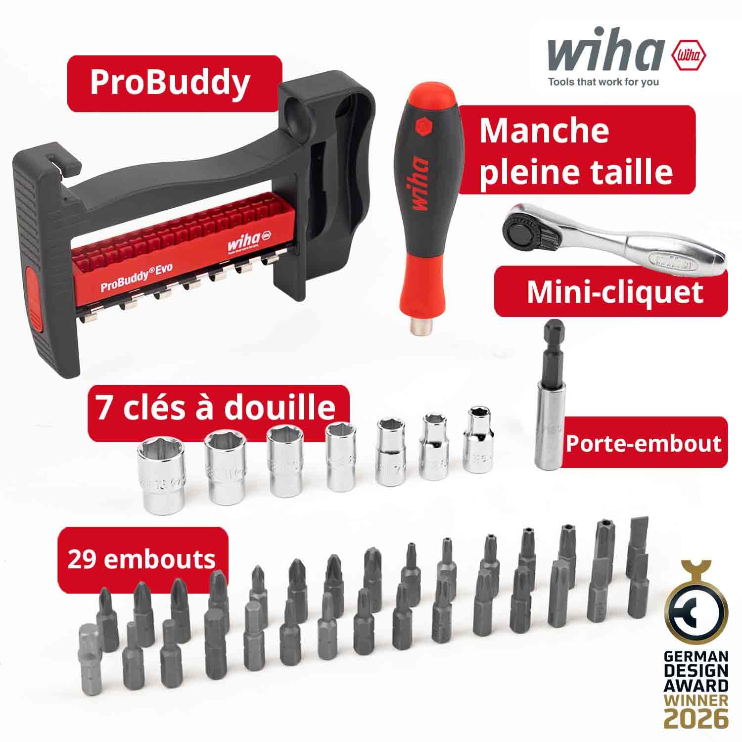 Wiha ProBuddy® Evo 40 pcs Bit & Socket Set 1/4" I Tool Set | (46960) Mini ratchet 72 teeth I magnetic bit holder I compact tool set for pros, DIYers & cyclists
