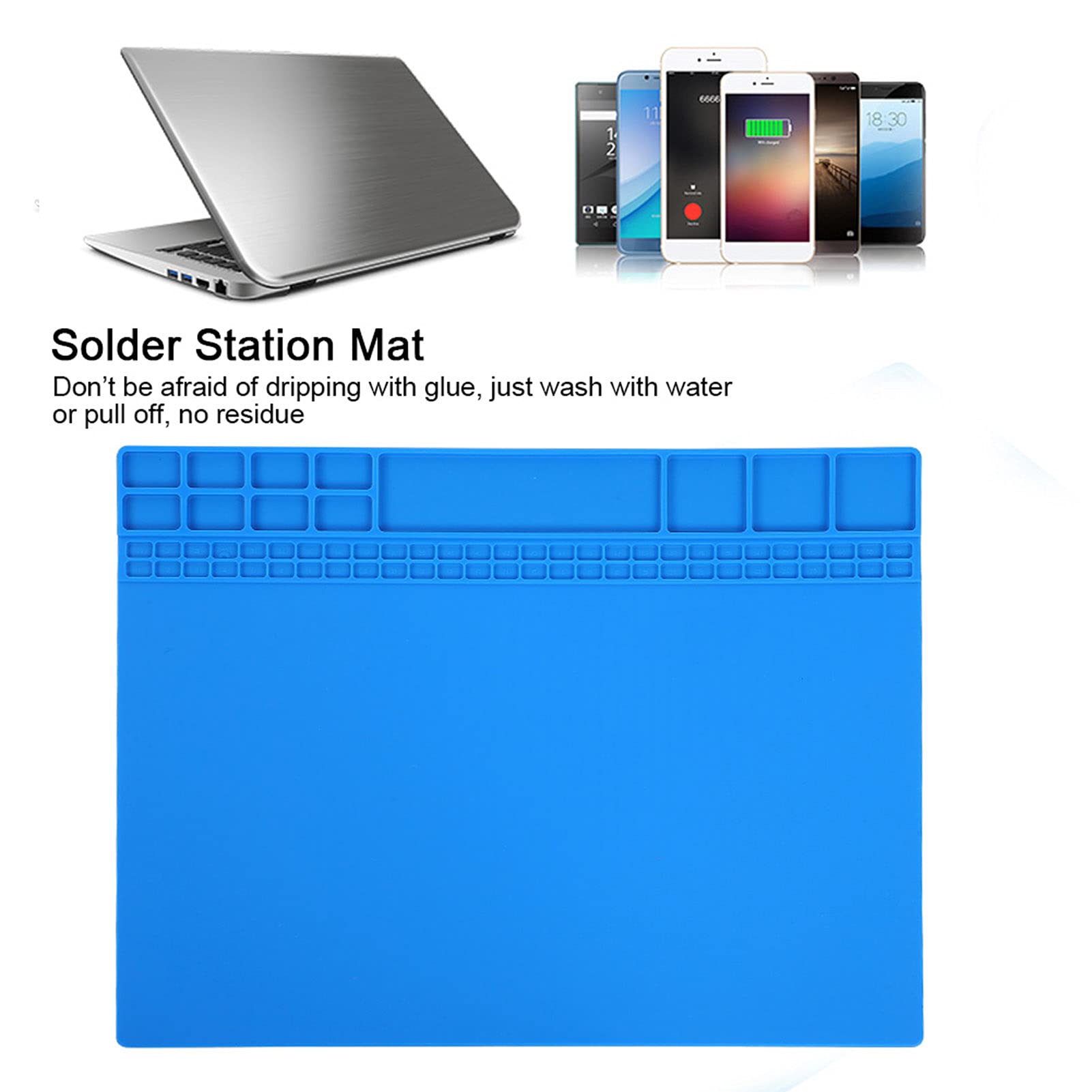 Tappetino magnetico in silicone, resistente al calore, per stazione di saldatura a 500 ℃, con scomparto per viti, per riparazione elettronica e manutenzione del telefono (blu scuro)