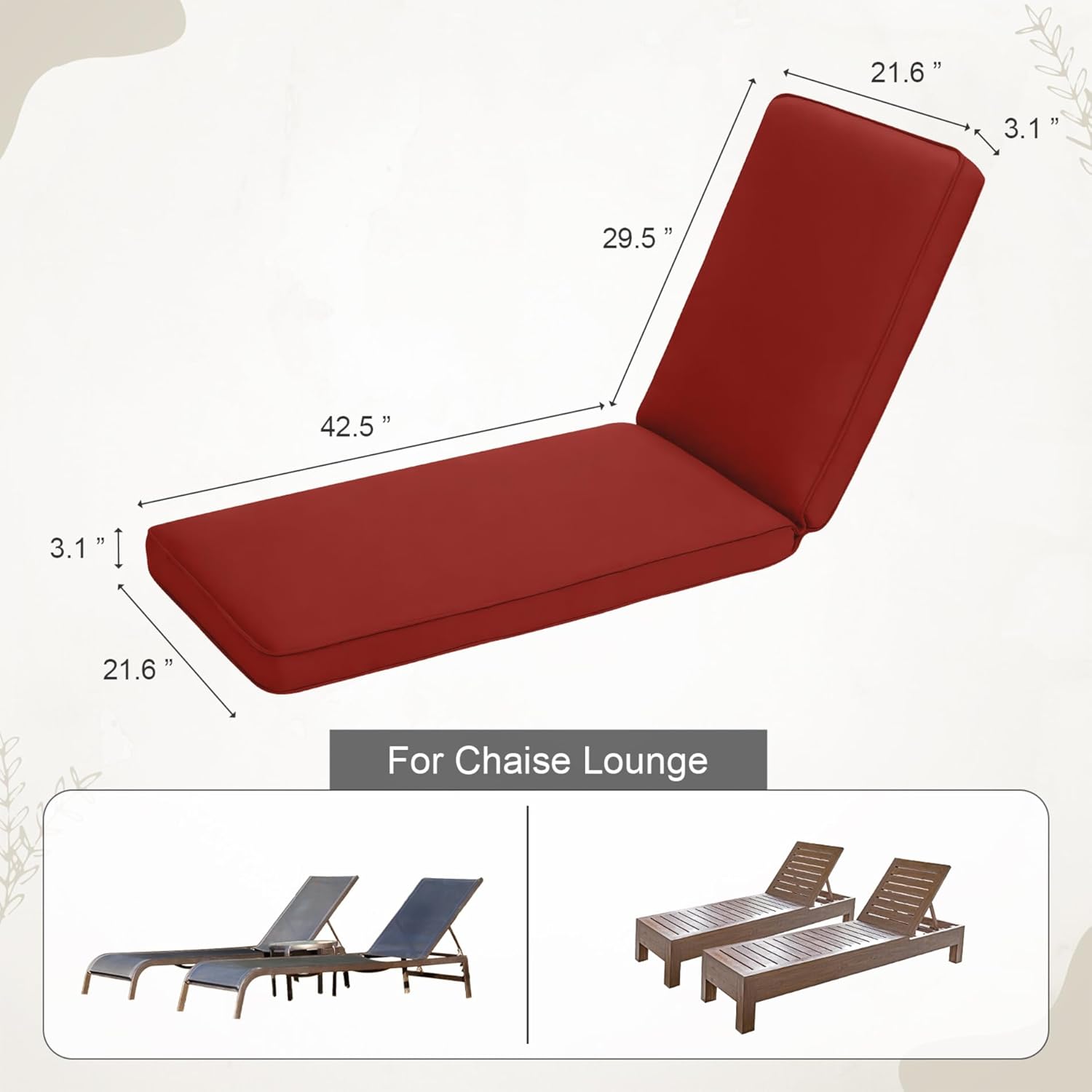 BPS 72x22 Inch Outdoor Chaise Lounge Cushions 2-Pack, Fade & Water Resistant Olefin Fabric Patio Chair Cushions, Removable Cover & Adjustable Straps for Sunbathing, Tanning Loungers & Recliners