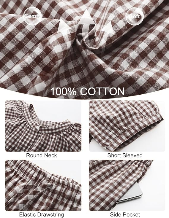 Image of codcm Womens Gingham Pajama Set 2 Piece Short Sleeve Babydoll Shirt and Pants Lounge Set Cute Sleepwear