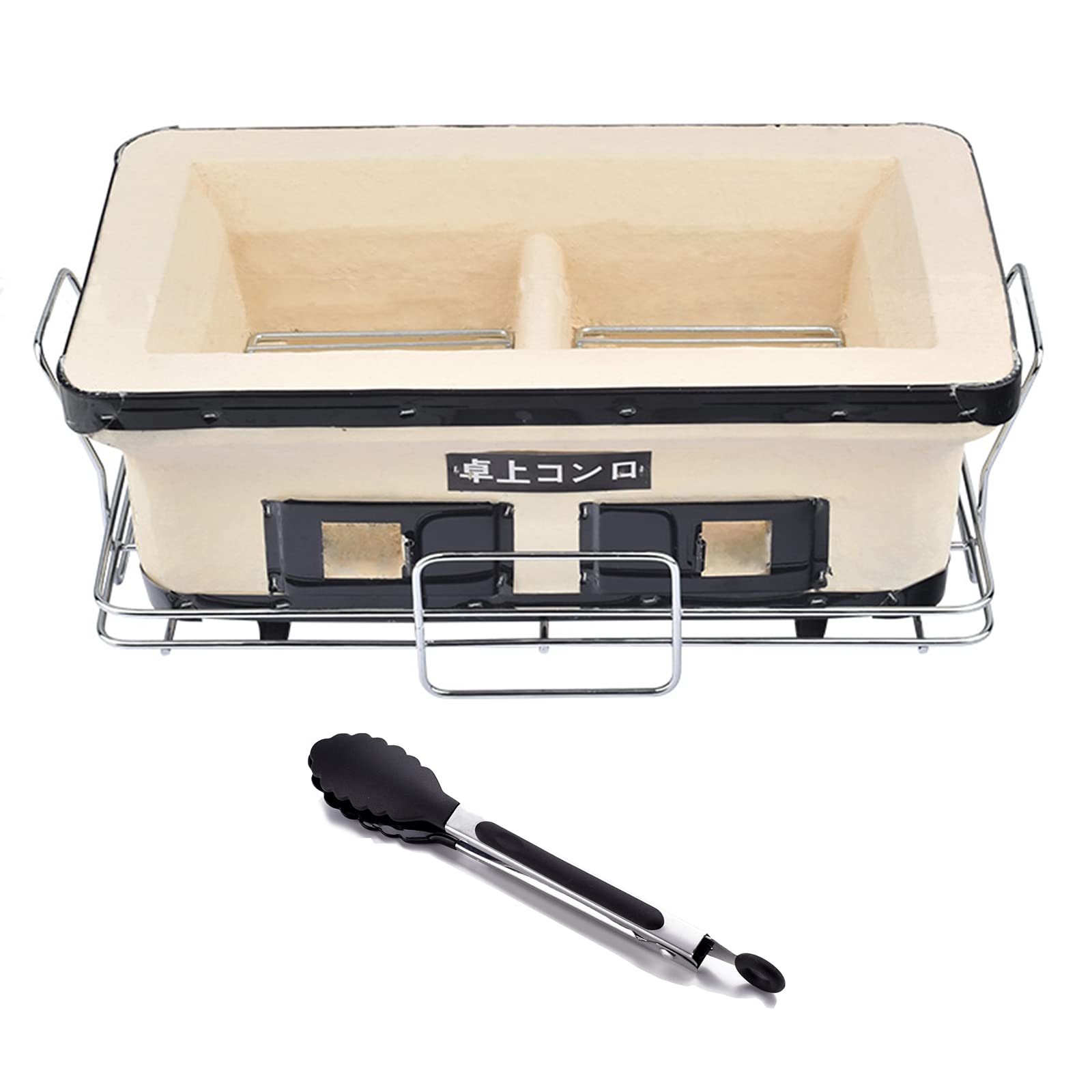 Japoński Yakatori grill węgiel drzewny grill prostokątny ceramiczny glina grill kuchenka blat kuchenka hibachi z rusztem, stojak i szczypce do jedzenia do wewnątrz na zewnątrz (beżowy)