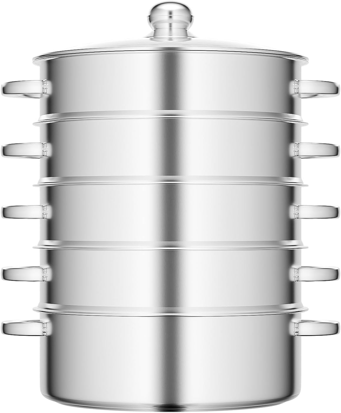 Large 5-Tier Stainless Steel Steamer Pot, Multi-Layer Stackable Food Steamer with Glass Lid, for Healthy Cooking, Steaming and Boiling, Multi-Functional Cookware (Type 2: Silver, 28cm)